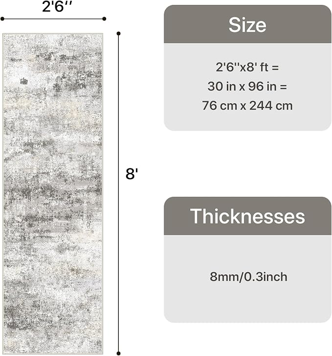 GENIMO Runner Rug Non Slip 2'6"x8', Washable Rug Runner for Hallways Kitchen, Abstract Modern Kitchen Rugs, Low Pile Lightweight Carpet Runners for Entryway, Bedroom, Laundry, Grey Beige