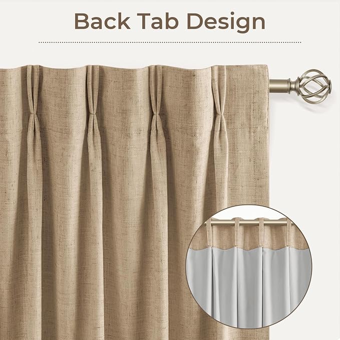 CAPALOCA Brown Linen Pinch Pleated Curtains Blackout, 100% Black Out Curtains 90 inch Long for Bedroom, Tan Blackout Thermal Insulated Pinch Pleated Drapes for Living Room, 40" W x 90" L, 2 Panels