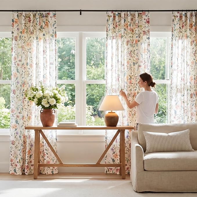 jinchan Beige Floral Linen Curtains 108 Inch Vintage Back Tab 2 Panels | Farmhouse, cottage core, light filtering, semi sheer, privacy, living room, bedroom, flower, rod pocket, window treatment