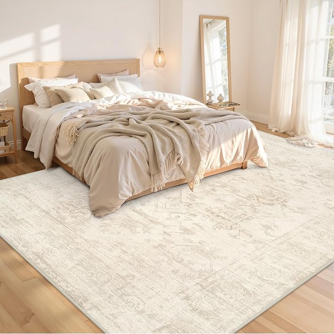 10x12 Area Rug for Living Room: Vintage Boho Neutral Washable Rug Indoor Soft Large Area Rug Carpet for Bedroom Nursery Farmhouse Dining Room Office Floor Non-Slip Low Pile Under Table Rug Beige/Brown