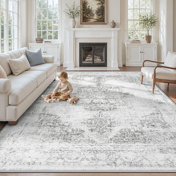 9X12 Area Rugs for Living Room, Washable Rugs Gray Vintage Medallion Non-Slip Soft Low Pile Rug Large Indoor Retro Carpet for Bedroom Dining Room Home Office Nursery Room(Gray,9'x12')