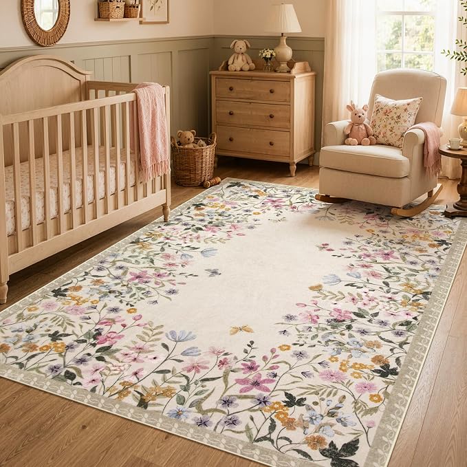 Wonnitar 5x7 Area Rug for Living Room, Floral Washable Rug for Bedroom, Boho Botanical Nursery Rug, Non Slip Soft Farmhouse Carpet, Beige Kids Playroom Decor (5x7 Beige)