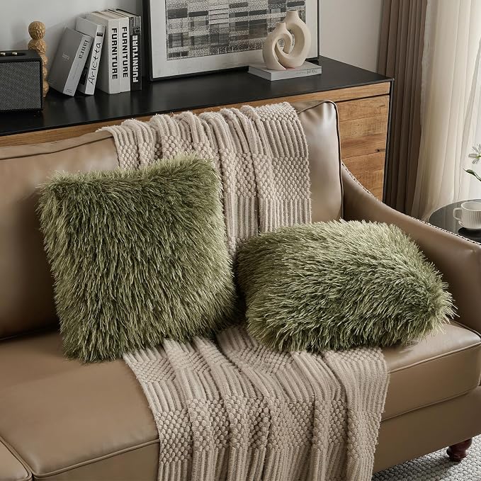 FUTEI Pack of 2 Shaggy Mongolian Faux Wool Throw Pillow Covers 18x18 Inch Soft Fluffy Farmhouse Decorative Cushion Case for Couch Bed Living Room, Olive Green