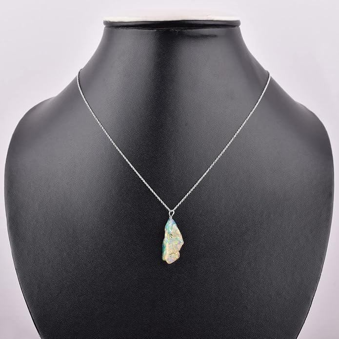 Ultra Fire Raw Ethiopian Opal Rough Dainty Pendant Necklace For Women, Healing Chakra Crystals, Handmade October Birthstone Jewelry, 925 Silver Chain 18 inch, Wedding Gift