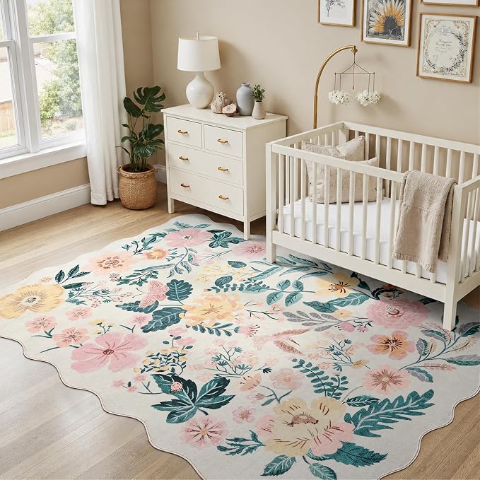 DCX Pink Floral Rug 4x6, Washable Pink Rug for Living Room, Kid & Pet Friendly with Rubber Back Non Slip, Soft Low Pile Carpet, Stain Resistant Rug for Bedroom, Nursery, Dining Room