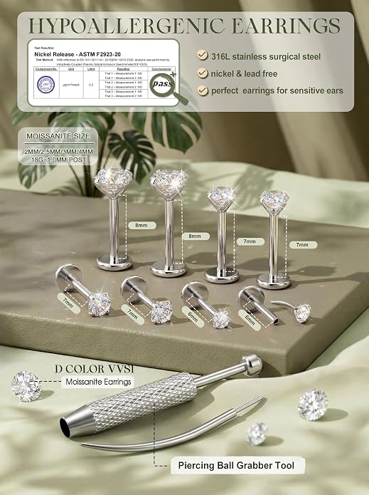 LOLIAS 4 Pairs Moissanite Flat Back Earrings Hypoallergenic-Threadless Push in Nose Rings Studs for Women Men 14K Gold Plated Surgical Steel Cartilage Helix Tragus Labret Piercing Jewelry Kit Taper Ball Grabber Tool 20G 18G 16G