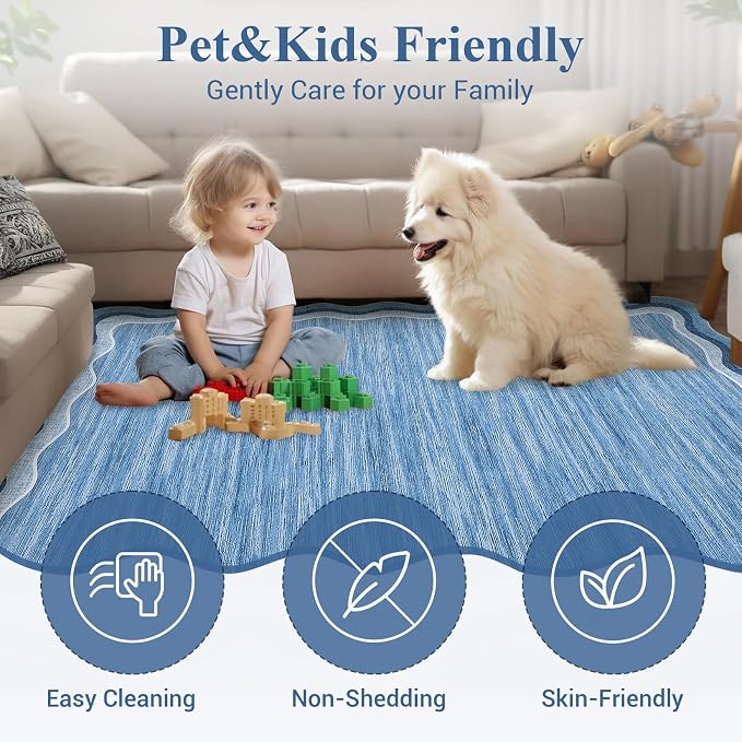 Garvee Scalloped 5x7 Rugs Washable Area Rugs for Living Room,Modern Stain Resistant Solid Rug for Bedroom Kids Room, Scalloped Low Pile Non-Slip Neutral Rug for Dining Room Home Office Dorm,Blue | Rugs for Living Room, Non-Slip Soft Carpet for Bedroom,...