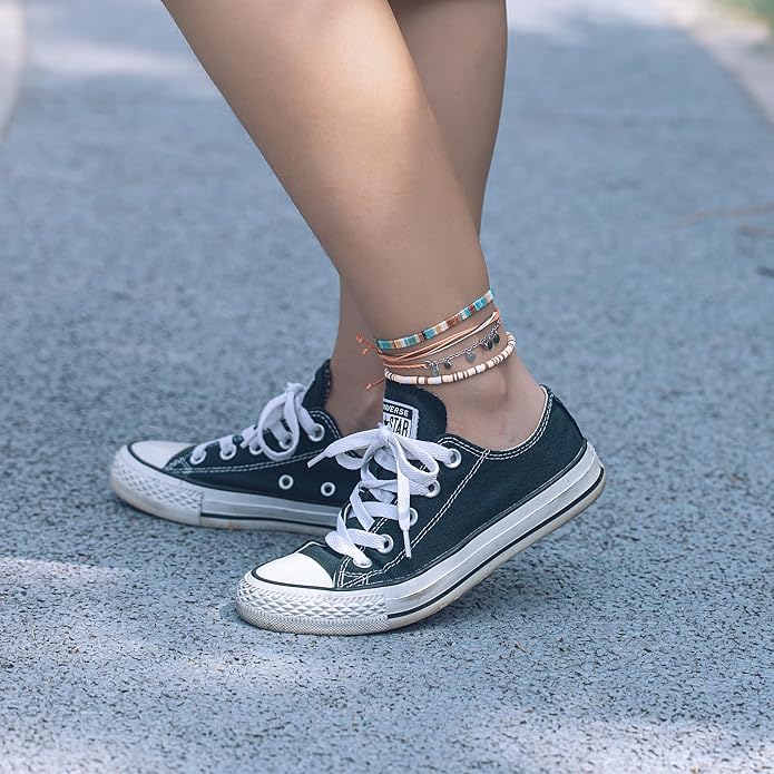 FANCY SHINY Waterproof String Anklets Boho Clay Beads Ankle Bracelets Cute Cloth Stainless Steel Coin Anklet Set Beach Summer Jewelry for Women
