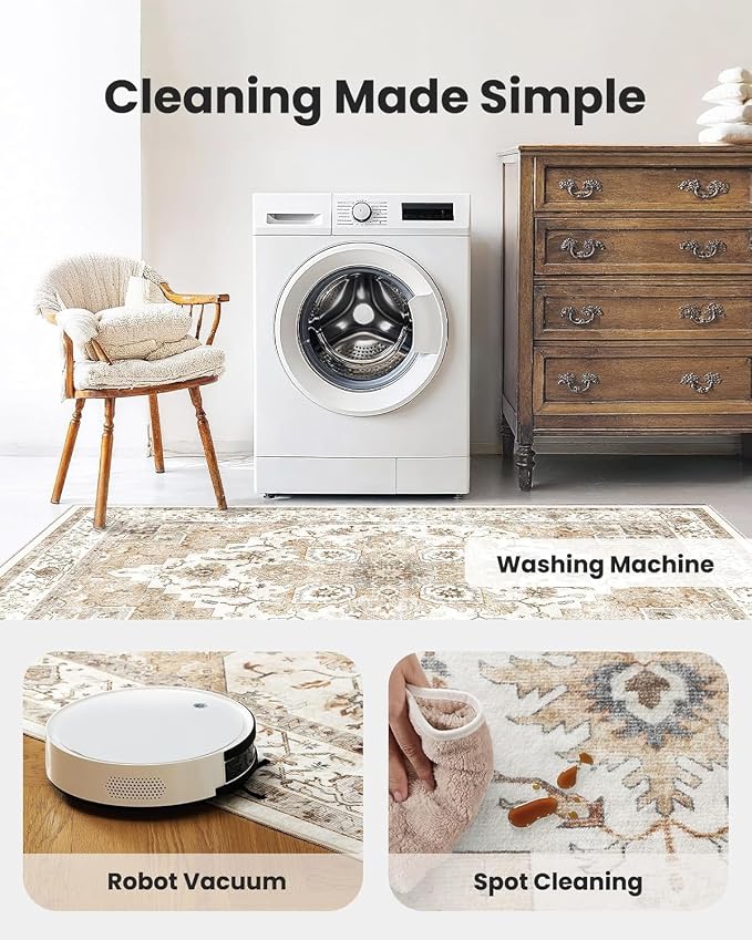 AMADA HOMEFURNISHING Round 8ft Area Rugs, Low-Profile Washable Rug with Non-Slip Backing & Durable Edge Binding, Vintage Rugs for Living Room, Bedroom, Dinning Room