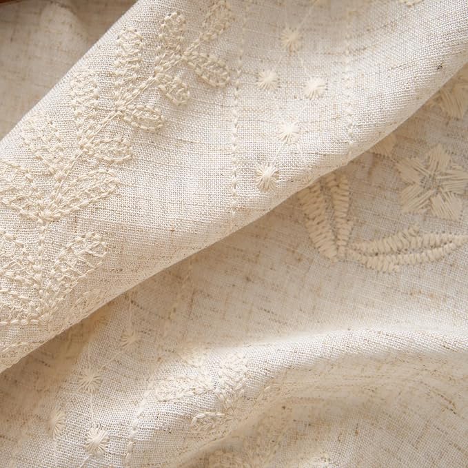 jinchan Floral Linen Curtains 84 Inch Farmhouse Back Tab 4 Panels Ivory | Embroidered curtains,boho curtains,living room,bedroom,light filtering,privacy,flower patterned drapes,window treatment