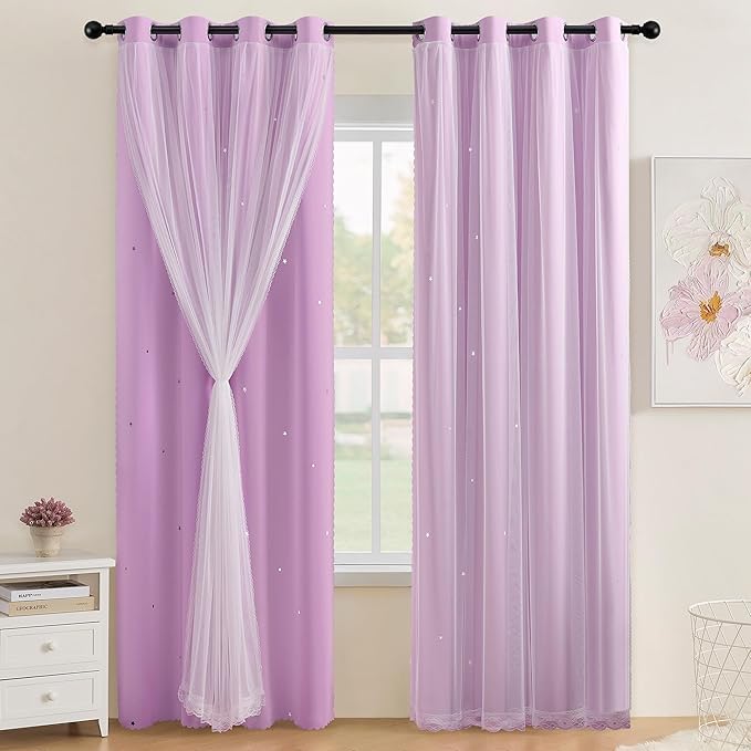 XiDi Lilac Purple Blackout Curtains for Kids Bedroom 72 Inches Long 2 Panels Nursery Curtains Girls Room Darkening Double Layer Window Drapes for Toddler Grommet Window Treatments 52 x 72 Inch