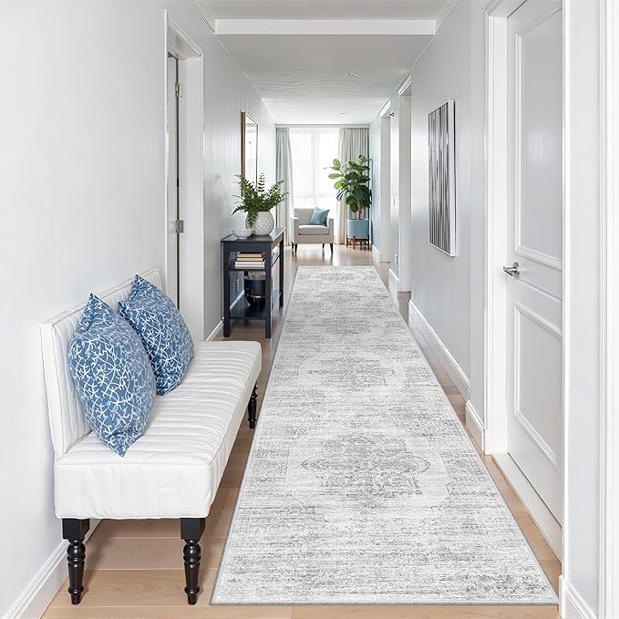 2x10 Runner Rug Non Slip,Washable Hallway Runner Rug,Grey | Long Neutral Rugs for Kitchen,Entryway,Bedroom,Bathroom,Laundry Room,Thin,Soft Runner Rug,Stain Resistant Indoor Carpet