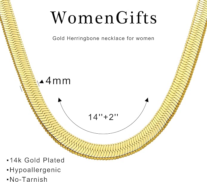 WomenGifts 14K Gold Silver Plated Herringbone Necklace for Women, Dainty Snake Chain Choker, Trendy Simple Long Layered Jewelry Non Tarnish, 3/4/5/8mm,14,16,18,20,22,24,26 Inch Thin & Chunky Options