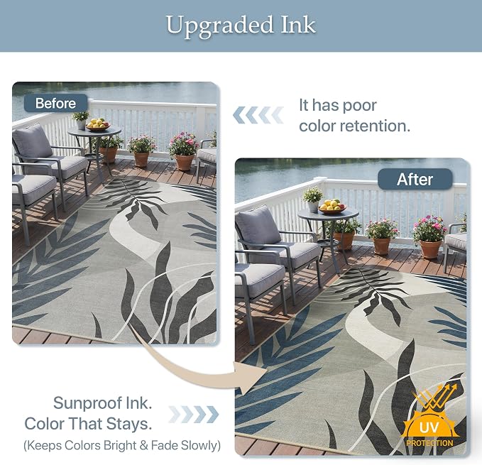 GENIMO 5x8 Outdoor Rug, Washable for Patio and Deck, Navy Grey | Botanical leaf design for porch; fade resistant chenille with quick-dry non-slip backing for indoor sunroom.