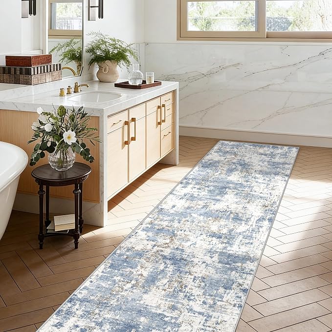 XLUEZ 2.6x8 Runner Rug for Hallway, Washable Modern Abstract Runner Rugs Neutral Soft Non Slip Kids Rug Stain Resistant Indoor Runners for Entryway Bedroom Kitchen Laundry Room(Blue, 2'6''x8')