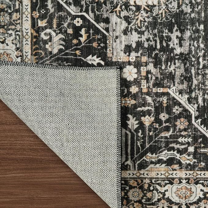 Washable Hallway Runner Rug 2x10 - Stain Resistant Kitchen Rugs with Non Slip Backing Soft Low Pile Carpet for Bedroom Laundry Entryway Ultra-Thin Vintage Home Decor Floor Mat for Bathroom 2X10 Black