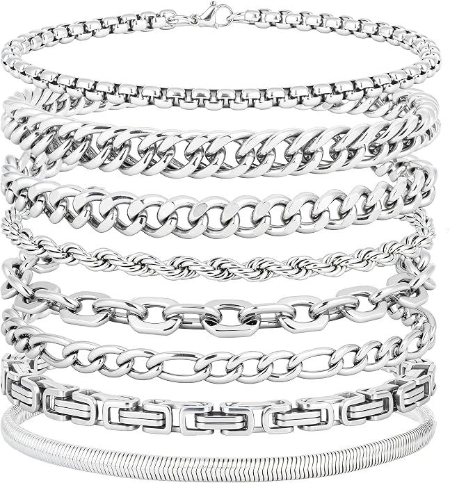 Chain Bracelet for Men Stainless Steel Cuban Link Curb Figaro Herringbone Rope Paperclip Snake Byzantine Curb Chunky Chain Silver Bracelets Jewelry Set for Men 8.3 Inches