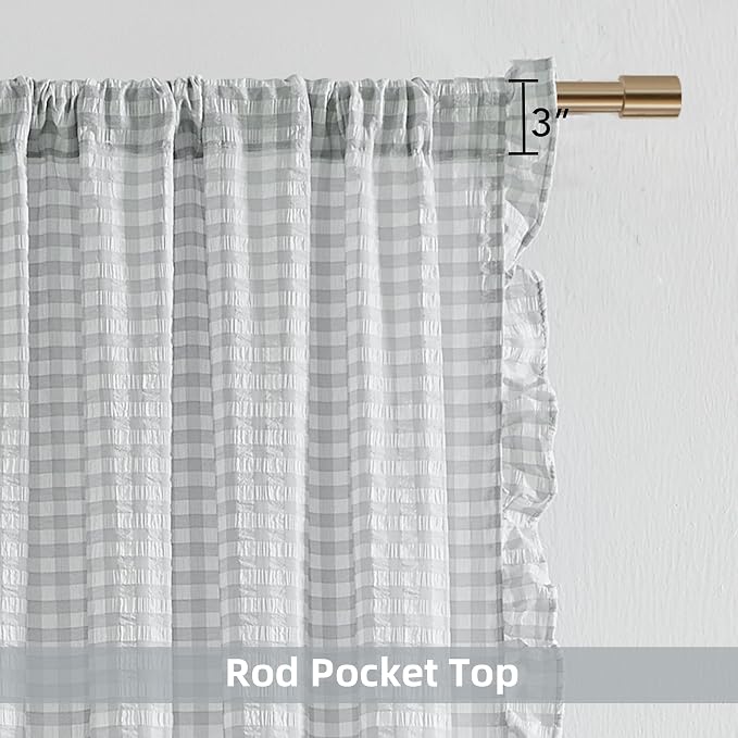 ZJDECOR Grey White Buffalo Plaid Sheer Curtains 84 Inches Length,Rod Pocket | Cozy Ruffle Not-See-Through Sheer Crinkle Drapes,Rustic Window Treatment for Bedroom Living Room,40"Wx84"L(Pack of 2)