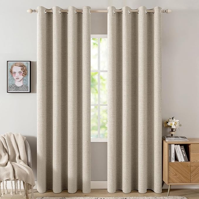 MIULEE 100% Blackout Linen Curtains for Bedroom Thermal Insulated Stone Grommet Room Darkening Curtains & Drapes Fall Decor for Living Room 52 x 84 Inch (2 Panels)