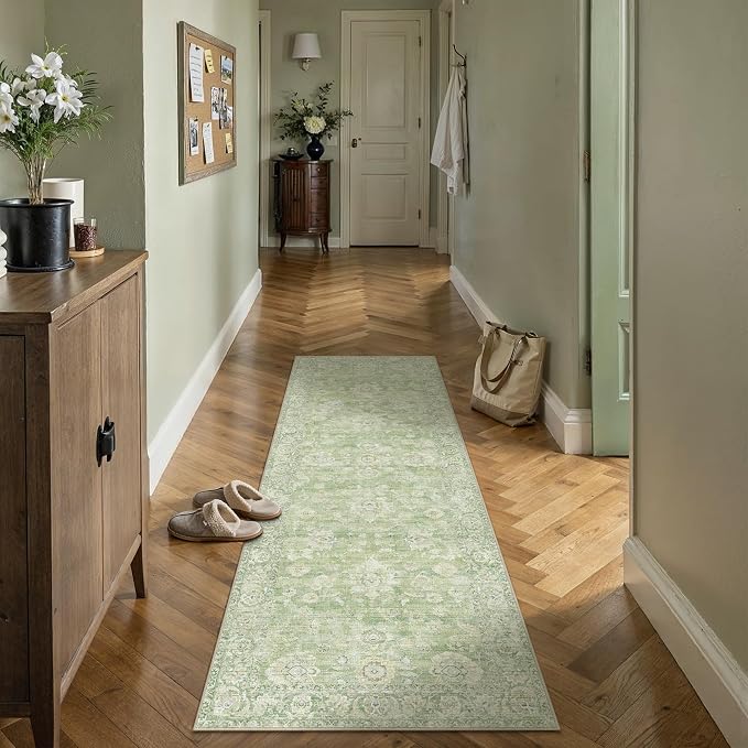 2x6 Green Washable Runner Rug for Kitchen Hallway Neutral Floral Soft Non Slip Rug Low Pile Distressed Carpet for Bathroom Bedroom Indoor Nursery