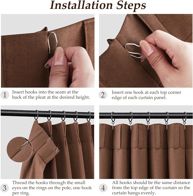 Aersas Rustic Brown Pinch Pleated Linen Curtains 96 Inch Length 2 Panels for Living Room Bedroom Semi Sheer Window Curtain Boho Neutral Back Tab Pinch Pleat Drape with Hooks 40x96