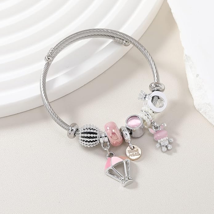 DS Charm Bracelets for girls,exquisite cute cartoon friendship bracelets Silver Stainless Steel Bangle with birthday Gift box, Adjustable girls jewelry Suitable for holiday gifts