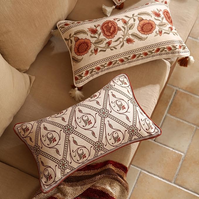 ISAENNE Designer Vintage French Linen Throw Pillow Cover,20"x12"-Albano D | Elegant Rectangle Pillow Cover,Concealed Zipper Design,Floral Pattern,Sofas,Bedroom,Living Room,Lounge Chairs,Decor