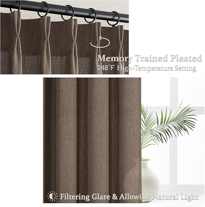 Pinch Pleated Dark Brown Semi Sheer Curtains 84 Inches Long for Living Room, Memory Trained Thick Linen Farmhouse Windows Drapes Light Filtering Privacy Bedroom Curtain 84 Inch Length 2 Panels Set