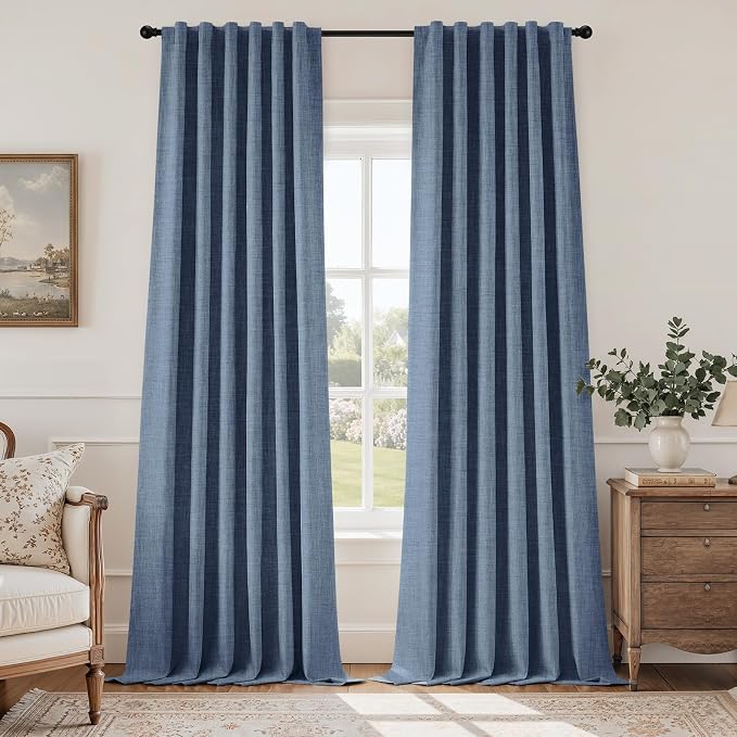 HOMEIDEAS 100% Blackout Faux Linen Curtains,Stone Dusty Blue Modern Farmhouse Luxury Curtains 96 Inches Long 2 Panels, Rod Pocket & Back Tab for Boho Vintage Living Room,Bedroom Decor