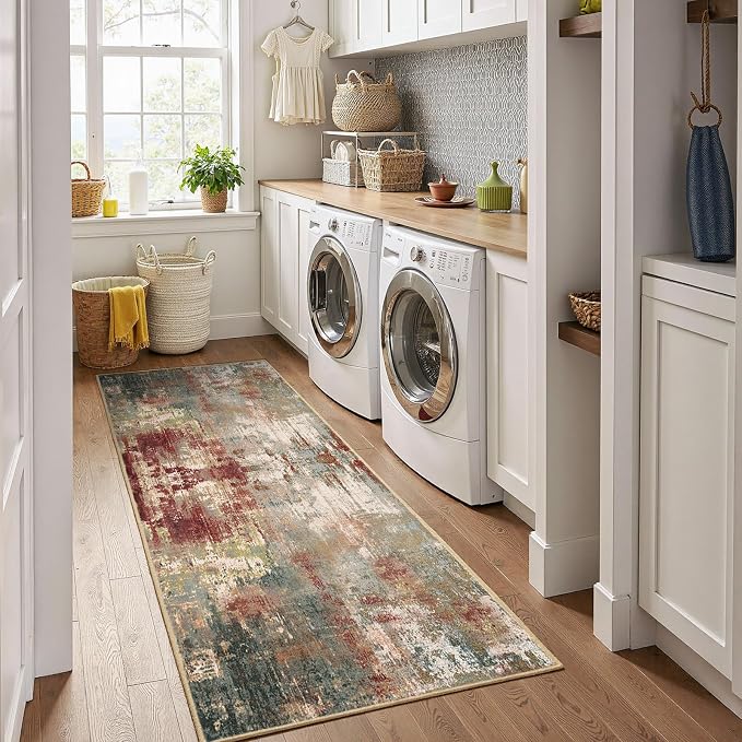 RELEANY Washable Area Rugs 2'x10' Non-Slip Modern Abstract Soft for Living Room Entryway Bedroom Kitchen, Print Pattern, Brown Rust Red Green Blue Multi