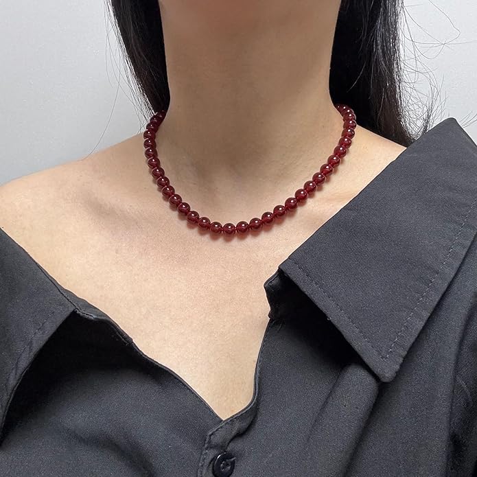 Kakikaki Natural Agate Choker Necklace Sterling Silver Round Beads Strand Necklace for Women