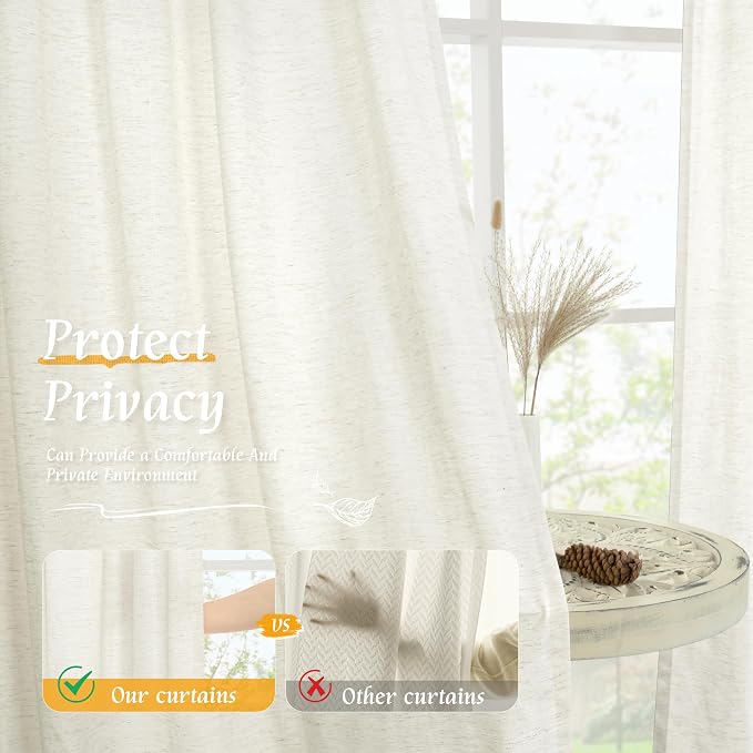 LAMIT Cream Linen Curtains 48 Inch Length 2 Panels, Light Filtering Faux Linen Textured Panels Rod Pocket Neutral Privacy Drapes for Kitchen/Window/Loft Room/Bedroom, 42 x 48 Inch