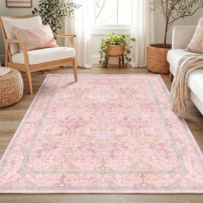 Washable Light Pink Living Room Area Rug 6x9, Boho Botanical Area Rug for Bedroom, Kitchen Table, Nursery, Home Office - Low Pile Non-Slip Vintage Carpet - Soft Farmhouse Accent Mat