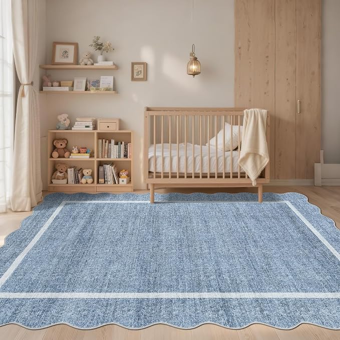 GarveeHome Scalloped Large Living Room Area Rug 8x10 - Machine Washable Modern Rugs Bordered Neutral Rug Non-Shedding Low Pile Farmhouse Carpet for Bedroom Nursery Classroom Dorm 8 ft x10 ft Blue