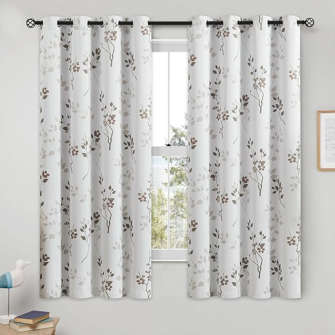Beauoop Floral 100% Blackout Curtains for Bedroom Tan Brown 52X63 2 Panels | Flower Patterned Brown White Room Darkening Drapes for Living Room Thermal Insulated Soundproof Window treatment Grommet