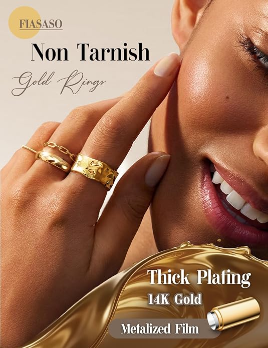 FIASASO Chunky Gold Rings for Women Non Tarnish - 4Pcs 14K Gold Plated Dainty Stackable Ring Set Trendy Hypoallergenic Thick Dome Statement Finger Knuckle Rings Pack Size 5-10