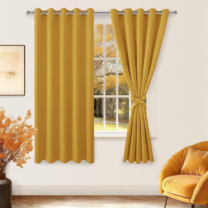 Hiasan Grommet Blackout Curtains for Bedroom, 60 x 72 Inches - Thermal Insulated & Light Blocking Window Drapes for Living Room/Dorm Room, Set of 2 Panels Sewn with Tiebacks, Mustard Yellow