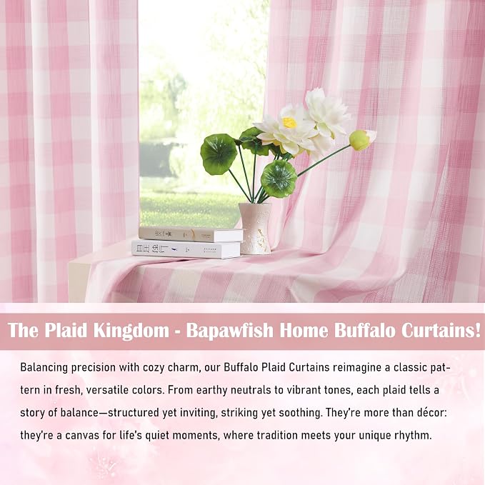 Short Pink White Buffalo Plaid Semi Sheer Curtains 54 Inch | Farmhouse Gingham Drapes,Rustic Window Treatment for Girls Room Bedroom Living Room,Rod Pocket,40"Wx54"L,Pack of 2