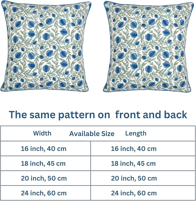 Ridhi Block Print Queen Blue Pillow Cover 24" x 24" (Pack of 2) Decorative Couch Pillows for Living Room, Farmhouse Chic Boho Cute Outdoor Pillows Covers Gifts for Spring, Mother's Day