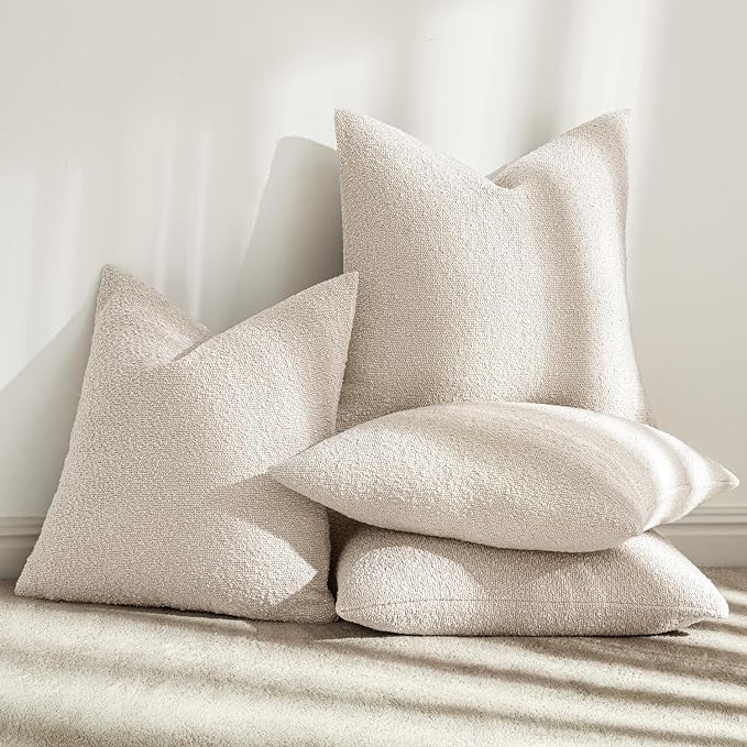 MIULEE Decorative Boucle Throw Pillow Covers 20x20 Inch Beige Set of 4 | Textured Accent Pillow Cases Soft Couch Cushion Covers for Modern Farmhouse Boho Sofa Bed Livingroom Home Decor