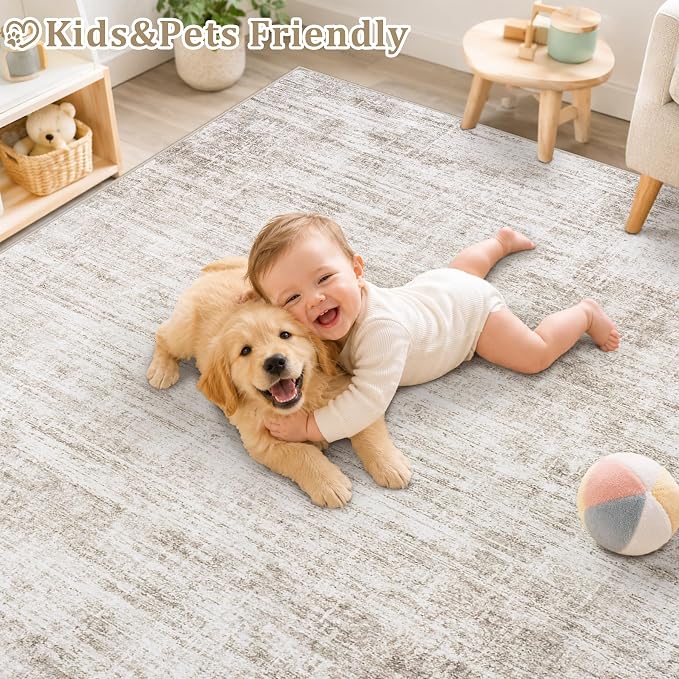 8x10 Area Rugs for Living Room Washable Rugs Neutral Abstract Large Rug Soft Modern Carpet Non-Slip Stain Resistant Low Pile Rug for Bedroom Dining Room Nursery Home Office Under Table Area Rug Brown