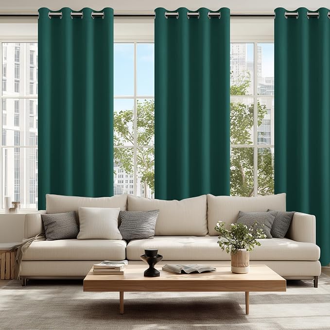 Hiasan Blackout Curtains for Bedroom, 52 x 96 Inches Long - Thermal Insulated & Energy Saving Window Curtains for Living Room, 2 Drape Panels Sewn with Tiebacks, Hunter Green