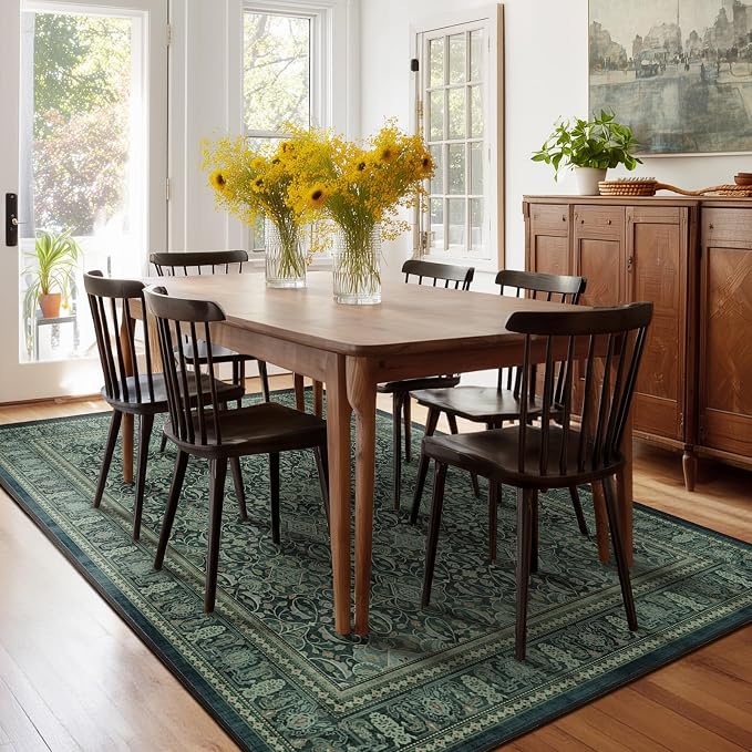 Dark Green 6x9 Area Rugs Washable, Vintage Boho Floral Moroccan Pattern Printed Carpet Rug for Living Room Bedroom, Low Pile Thin Room Rug with Rubber Backing Non Slip for Dining Room Office