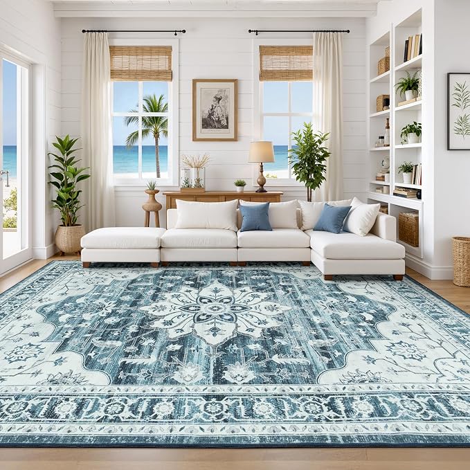 9x12 Coastal Blue White Large Area Rugs for Living Room - Boho Medallion Aesthetic Distressed Washable Rug, Soft Non-Slip Backing Low Pile Carpet for Dining Under Table, Bedroom, Office