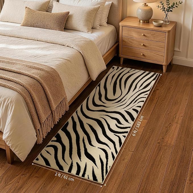 YIHOUSE Zebra Hallway Runner Rugs 2×6: Modern Washable Non Slip Kitchen Rug | Black and Cream White Stripe, Textured High Low Pile, Fluffy Soft, Carpet Runner for Entryway, Bedroom, Bathroom, Home Decor