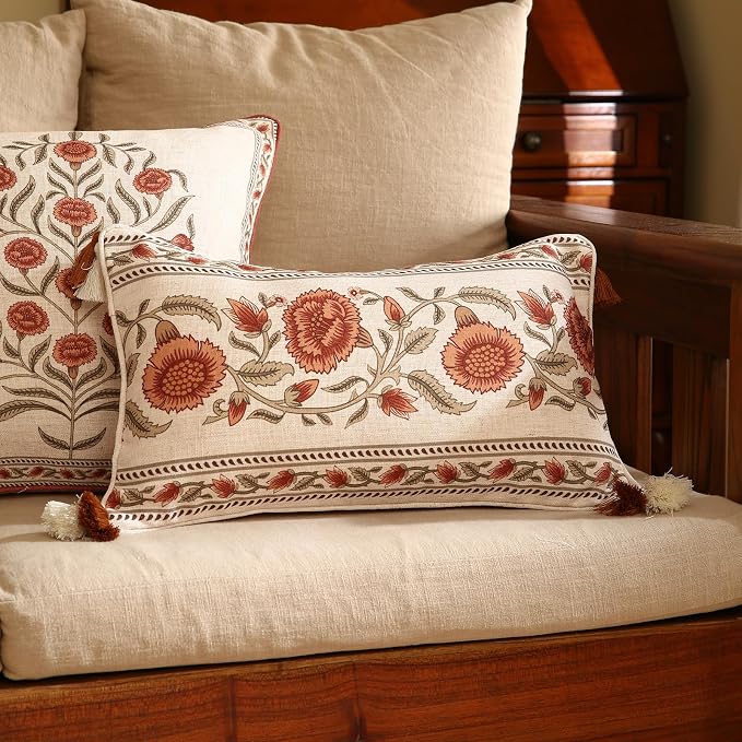 ISAENNE Designer Vintage French Linen Throw Pillow Cover,20"x12"-Albano C | Elegant Rectangle Pillow Cover,Concealed Zipper Design,Floral Pattern,Sofas,Bedroom,Living Room,Lounge Chairs,Decor