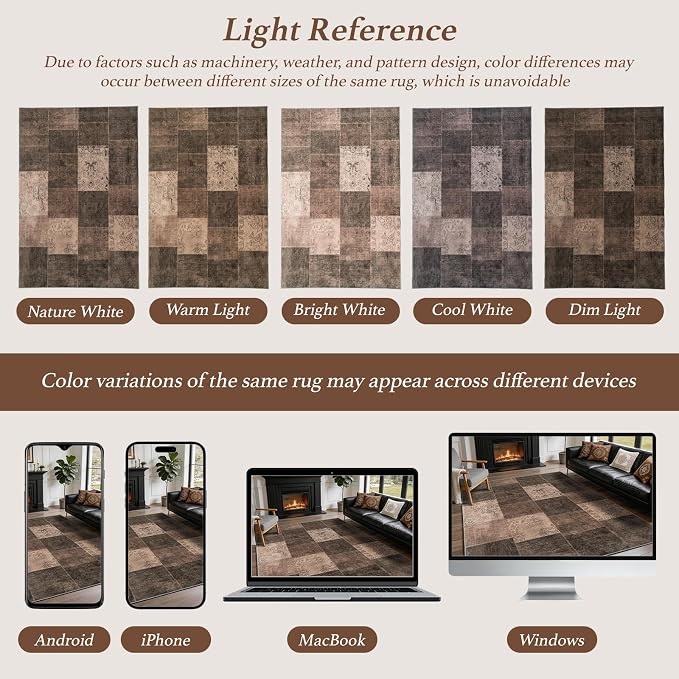 LIANLAM 2x6 Washable Runner Rug for Hallway&Kitchen,Non-Slip Long Carpet with Vintage Boho Checkered Design,Ultra-Thin Low Pile,Stain Resistant Easy Clean Floor Mat for High Traffic Areas(2x6,Brown)