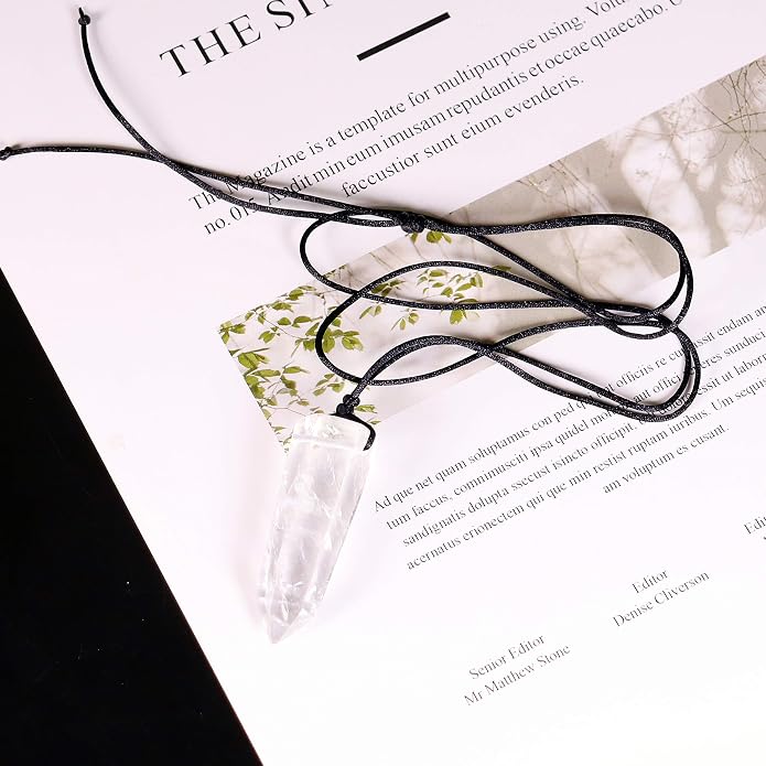 Runyangshi Healing Crystal Pendants, Single Pointed Natural Crystal Quartz Necklace 6 Faceted Chakra Crystal Wand Stone Reiki Energy