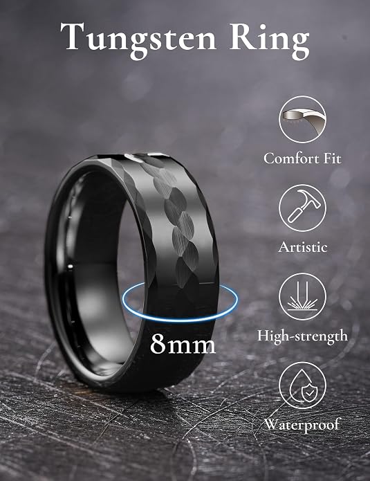 King Will Hammered 8mm Silver Tungsten Ring Hammer Men Wedding Band Comfort Fit