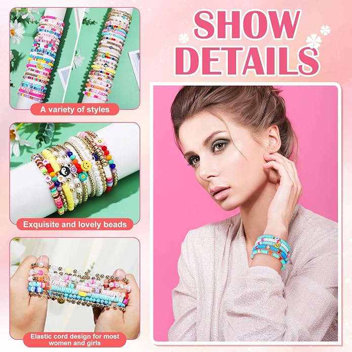 Equsion 100 Pcs Preppy Friendship Bracelets for Women Heishi Surfer Clay Stackable Bead Easter Boho Y2k Bracelets Gifts